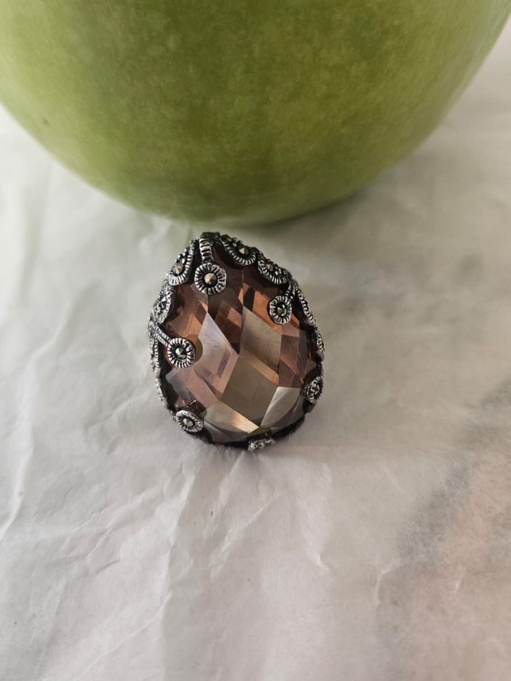 Smoky Faceted Statement Ring with Antique Silver Accents
